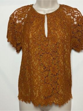 J Crew Preppy Boho Lace Short-Sleeve Peek-a-boo Top in Rust